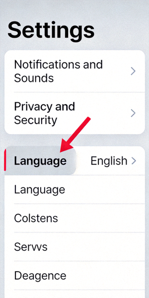 Telegram安卓版设置页面截图，红色箭头指向Language语言选项