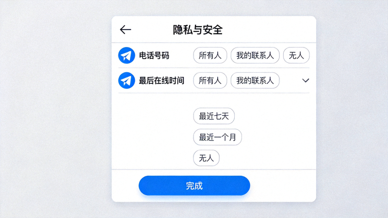 Telegram 安卓版隐私与安全设置界面截图，显示电话号码和最后在线时间的选项菜单