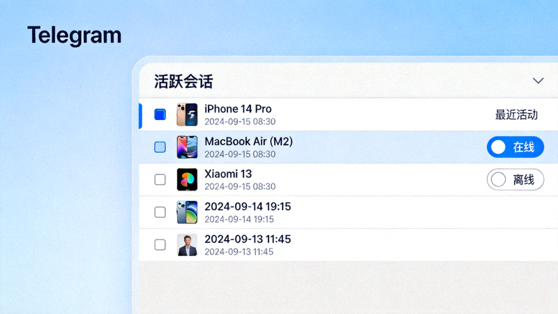 Telegram 活跃会话管理界面截图，显示多个登录设备列表，包括设备型号和登录时间