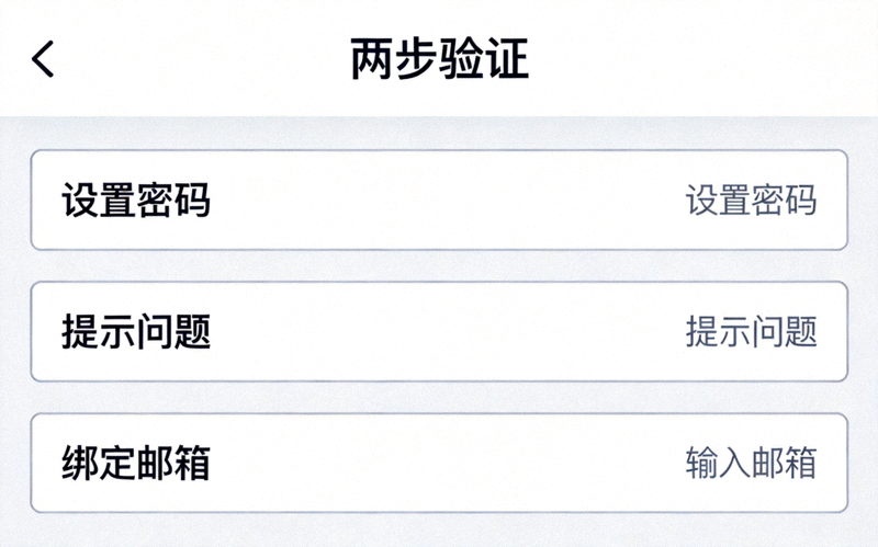 Telegram 两步验证设置界面截图，显示设置密码、提示和绑定邮箱的输入框